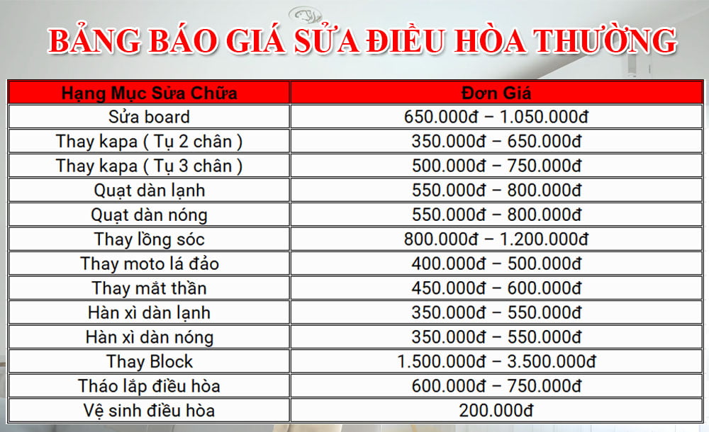 Sửa điều hoà - sửa chữa điều hoà gọi có mặt sau 15 phút 11 Bảng báo giá sửa điều hòa thường